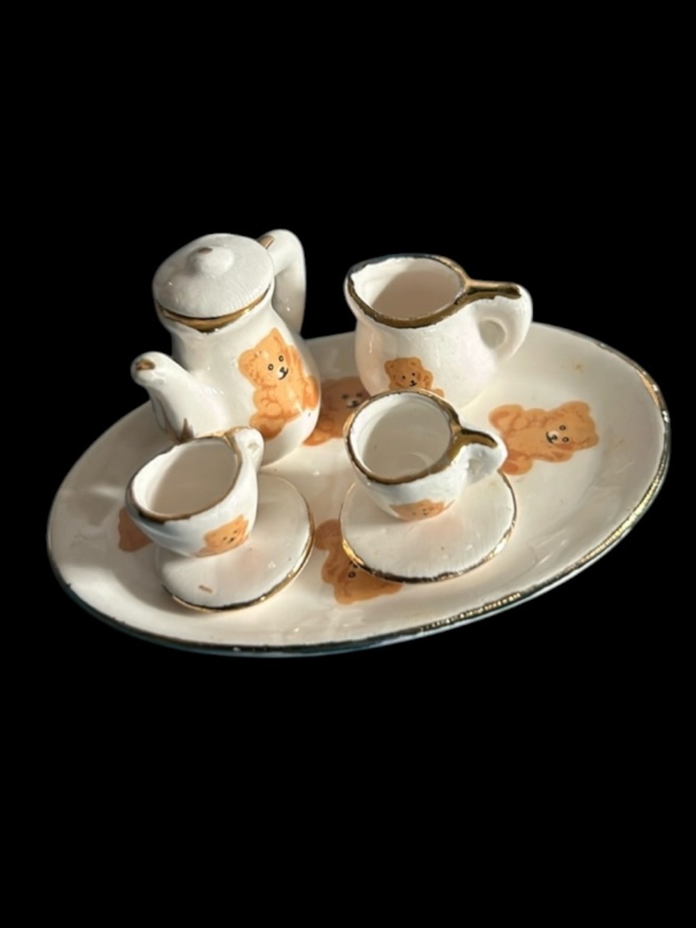 Vintage Porcelain Mini Teddy Bear Tea Set Dollhouse Miniatures